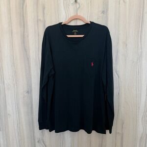 Ralph Lauren Mens Long Sleeve Shirt Large Black Pocket Tee Red Pony Logo Preppy